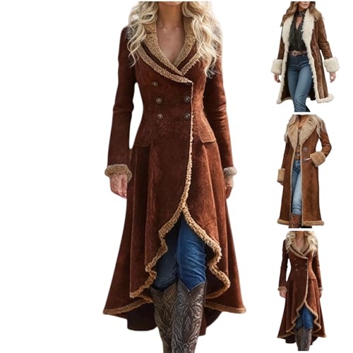 Image of Long Fur Coats For Women,Brown Faux Fur Long Winter Coats for Women Western Fleece Lined jacket suede Trench Coat leather Cardigan(02-Coffee,XX-Large)