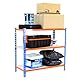 SimonRack Schwerlastregal, Lagerregal, 90x100x30 cm, Metallregal, Kellerregal, Biegestelle 150 kg, 3 Holzfachböden, Blau/Orange/Holz - Maderclick