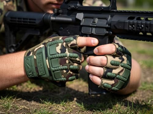 Image of Tactical Fingerless Gloves for Men - Hard Knuckle Camo Half Finger Motorcycle Riding Gloves for Airsoft, Shooting, Paintball, Hunting, Combat & Work Gear - Breathable Anti-Slip Grip