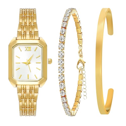NEWITIN 3 Pieces Women Gold Watch Bracelets Set Fashion Costume Jewelry Stainless Steel Gold Plated Square Wristwatch Diamond Bangle Bracelet Watch Jewelry Set for Women