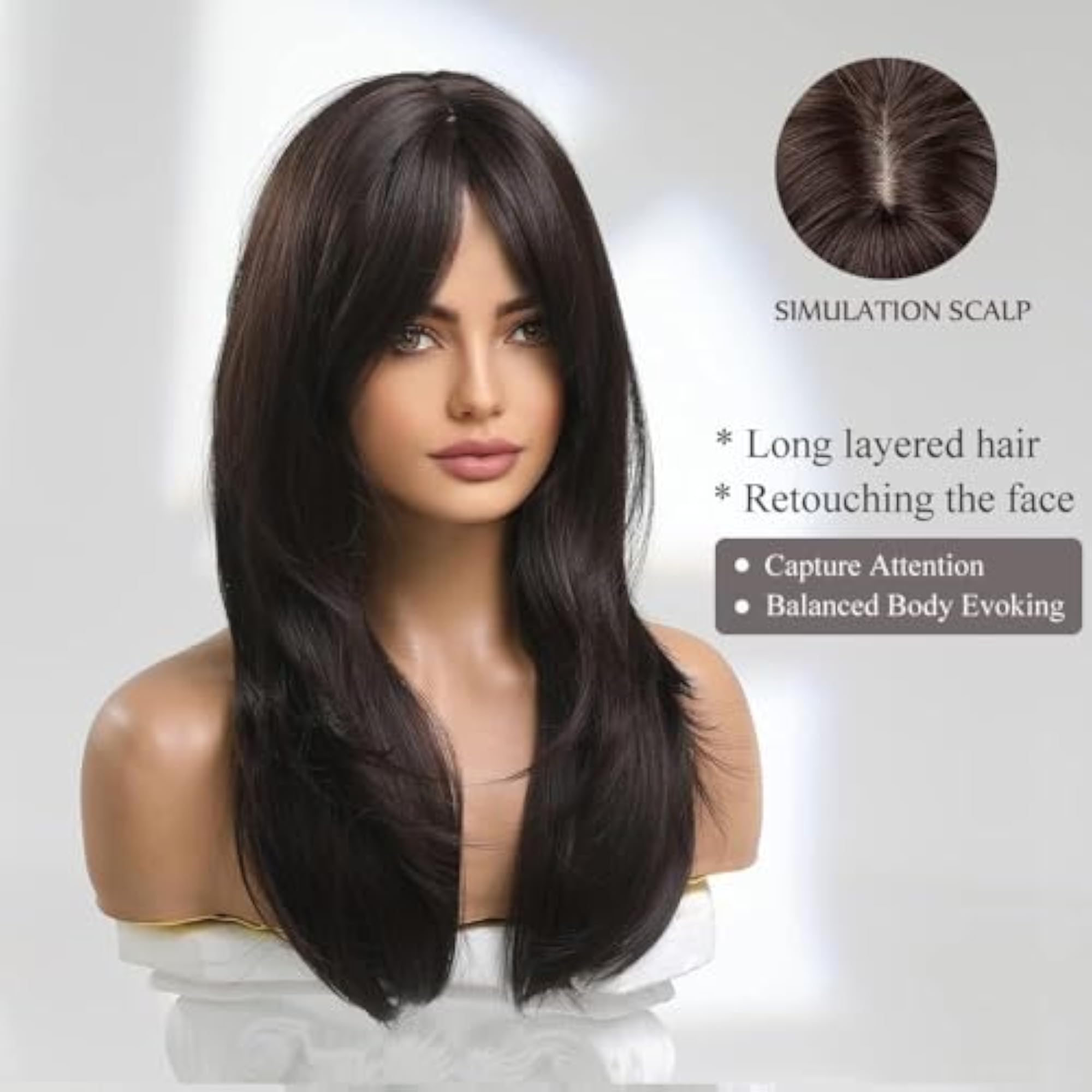 Women's 24 Inch Layered Brown Synthetic Wig with Bangs