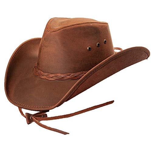 American Hat Makers Hollywood Leather Cowboy Hat for Men & Women 100% Handcrafted Fine Leather Hat Breathable Brown Cowboy Hat