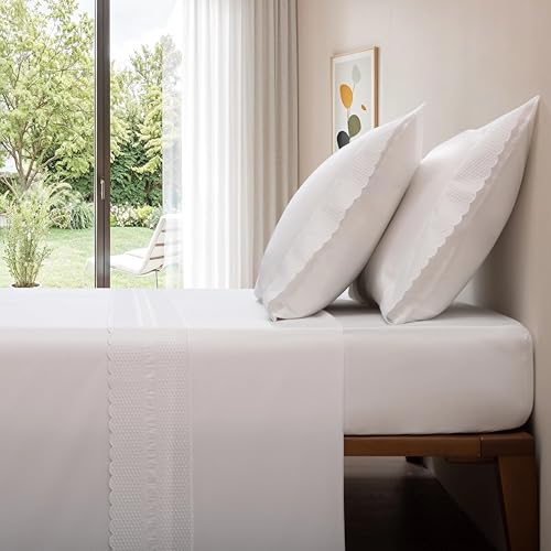 Casa da Laura - (800 Hilos Juego de Sábanas 100% Algodón Satén Blanco Bordado – Nude - 800 Hilos - 100% Algodón Satinado - Cama 150/160 2 Almohadas 50 x 80 cm - Fabricado Portugal