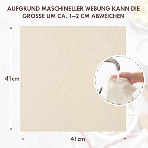 TOPULORS 6er-Set Käsetuch 41x41 cm - 4-fach gesäumt - 100% ungebleichte Bio-Baumwolle (Güteklasse 100) - wiederverwendbar für Käse, Nussmilch, Joghurt, Filter & mehr