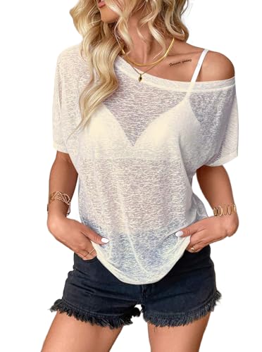 Image of Hilinker Women's Sheer Off The Shoulder Tops See Through Sexy Short Sleeve Mesh Shirt Summer