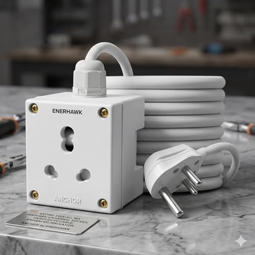 Image of Extension Board Heavy Duty 16A | extension cord power strip high load capacity 3000 Watt | 16 amp socket for AC refrigerator, fridge geyser, oven, ev charger charging, induction | 5 meter copper cable