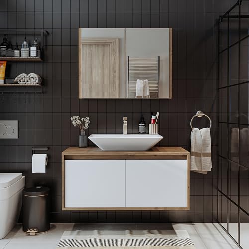 ROOMART • Badmöbel Set • Atlantic • 3-teilig • Keramik Waschbecken mit Unterschrank 65 cm, 85 cm, 100 cm, Spiegelschrank 80 cm (Weiß - Eiche, 100 cm)