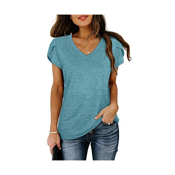 WIHOLL-Womens-Tops-V-Neck-Summer-Petal-Sleeve-Casual-Tshirts WIHOLL Womens Short Sleeve Tshirts Lightweight Loose Casual Tops GreyGreen L