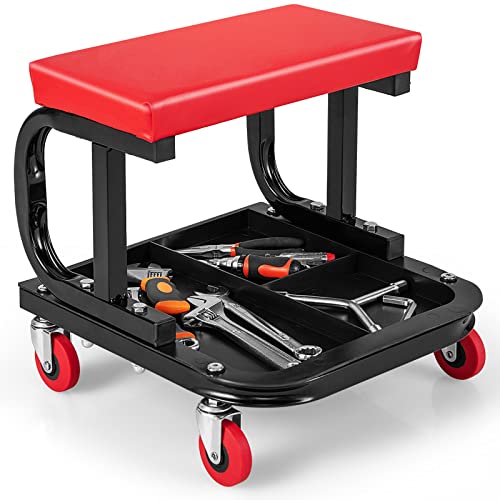 COSTWAY Taboret warsztatowy na kółkach, warsztatowy taboret na kółkach 150 kg udźwig, taboret roboczy z półką i miękką podkładką na siedzisko, taboret na kółkach, taboret montażowy do narzędzi, 38 x