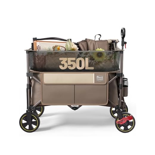 TIMBER RIDGE Extra Large Collapsible Folding Wagon Carts, Heavy Duty Outdoor Camping Garden Utility Wagons with Extended Height, Adjustable Handle, Cup Holders, Tan