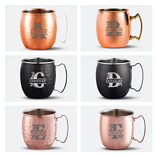 Personalized Custom Copper Mug Hammered Finish Moscow Mule With Ribbon Initial Family Name Monogram Engraved Bar Style Cup, 18 Oz | Single #TOP2