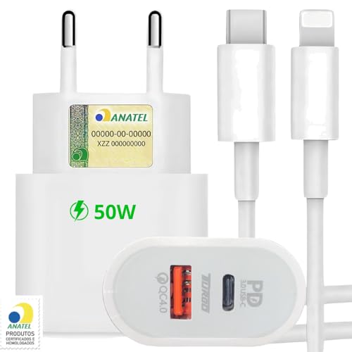 Carregador 50W + Cabo Compatível i.Phone, i.Phone X Xr 8 11 12 13 14 Plus Pro Max i.Pad, Carregamento Ultra Rapido, Fonte USB-C, Carga Rápida, Produto Homologado Anatel