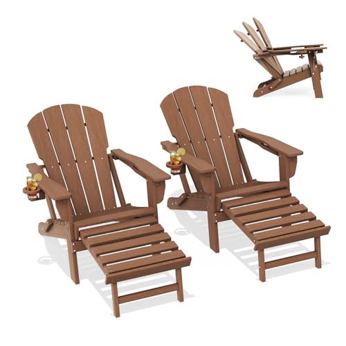 LOUNZY Folding Adjustable Adirondack Chair with Retractable Ottoman Set of 2,HDPE Recliner Adirondack Chair with Cup Holder for Deck Lawn Fire Pit, Br
