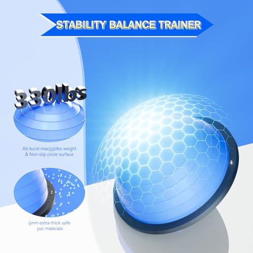 Image of Half Balance Ball Trainer - 23 Inch Half Exercise Ball for Workout, Physical Therapy, Yoga, Home Gym, Core Strength, Stability, Fitness, Balance Training Equipment with Resistance Bands, Foot Pump