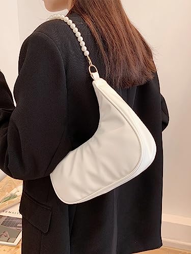 Image of SweatyRocks Women's Pearls Chain Top Handle Shoulder Bags PU Leather Zipper Hobo Bags Clutch Purses White One-Size