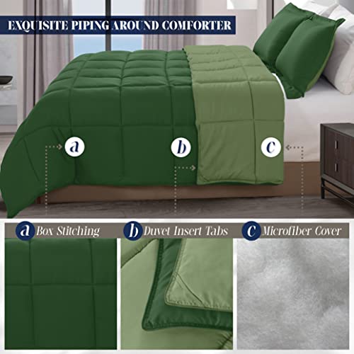 Image of Elegant Comfort 3-Piece Reversible Comforter Set, All Season Cozy, Soft Down Alternative, Quilted - Box Stitched - Duvet Insert with 4 Corner Tabs, Comforter with Shams, Full, Hunter Green /Sage