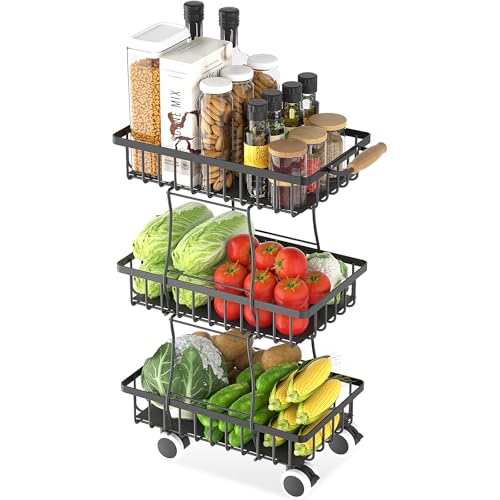 BQKOZFIN 3-Tier Kitchen Storage Utility Cart on Wheels, Stackable Fruit Vegetable Basket Rack, Space-Saving Shelving Organiser, Metal Wire Kitchen Storage Trolley for Kitchen, Bathroom (Black)