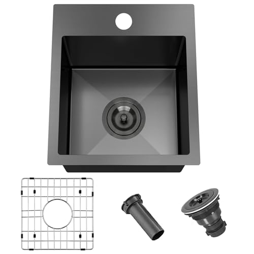 VALISY 13x15 Inch Black Bar Sink Drop In Kitchen Sink, Topmount Stainless Steel Square Small Sinks, Single Bowl Kitchen Sinks for Laundry Wet Bar Prep RV Office Outdoor Yard with Grid & Drain