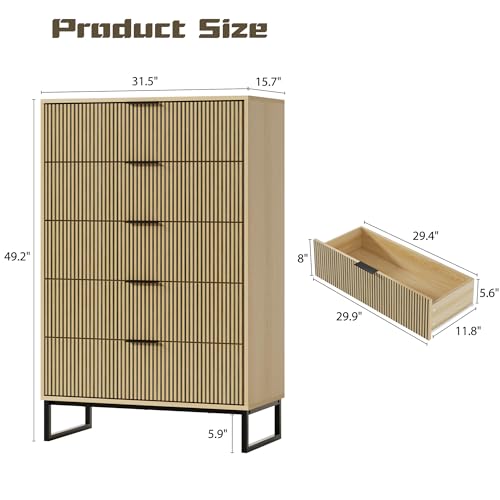 Image of Tall 5 Drawers Dresser for Bedroom, Natural Wood Dresser with Metal Handle, 49.2'' Chest of Drawers Modern Drawer Organizer with Large Drawers for Living Room, Cloest, Hallway, Natural Oak