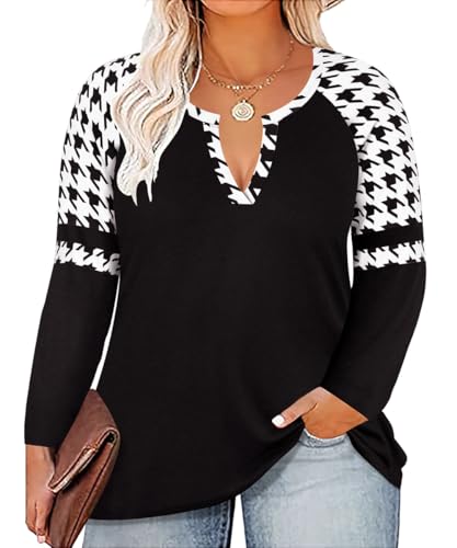 Image of CARCOS Plus Size Tops for Women Long Sleeve Fall Tunic Color Block Camo /Plaid /Leopard /Fall Blouse Crewneck Tshirt XL-5XL