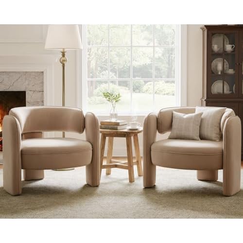 HNY Mid Century Modern Velvet Barrel Accent Chairs Set of 2 Clearance, Comfy Round Upholstered Armchairs with Open Back, Side Club Lounge Arm Chairs for Living Room, Bedroom, Small Spaces, K