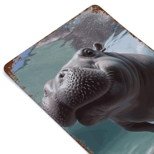 Tableau rustique en métal vieilli motif hippopotame original