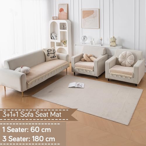 Image of HOKIPO 'Serenity Tassel' Chenille Sofa Cover 5 Seater Set with Tassels - Washable 3+1+1 Sofa Cover Mat | Ivory Fringe (IN-890 * 2 + IN-892 - BGE)