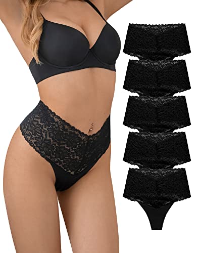 SHARICCA Women Seamless High Waist Underwear Sexy Floral Lace Thong Soft Comfortable Panties Pack