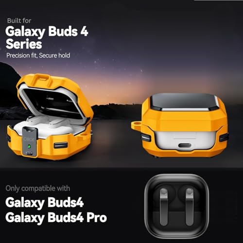 Image of Oboe Tough Case 'Compatible with' Samsung Galaxy Buds 4 & 4 Pro Case with Secure Lock Clip & Keyring (Yellow) [Buds & ChargingCase NOT Included]