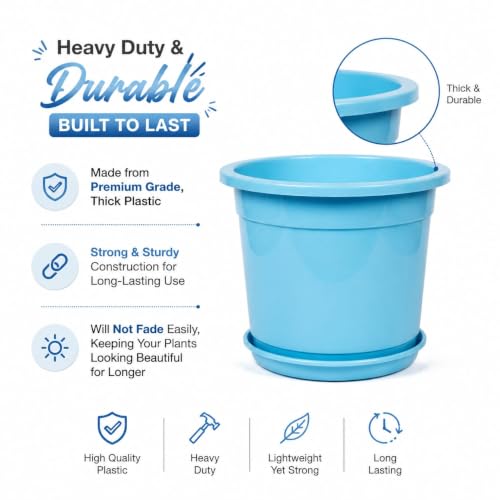 Image of 12 Inch Glossy Plastic Planter with Bottom Plate | Heavy Duty Flower Pot with Tray for Indoor Home Decor, Balcony, Living Room & Outdoor Garden (6 Pot, Ocean Blue)