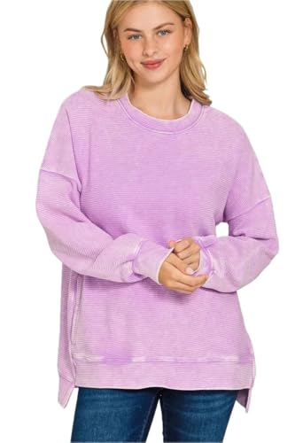 LENVIAN Women's Acid Washed Double Ribbed Hi-Low Sweatshirt Pullover with