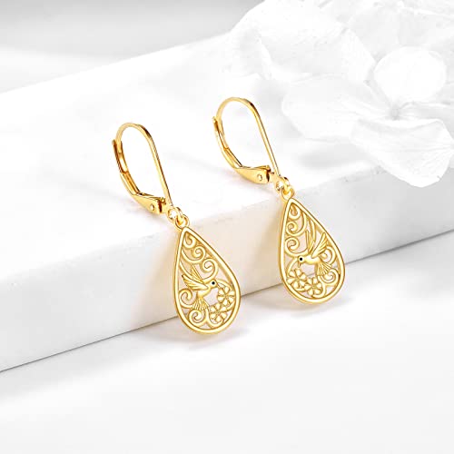 Dovran 14K Solid Yellow Gold Hummingbird Earrings For Women Dangle Gold Leverback Earrings Teardrop Hummingbird Gold Jewelry Gift For Girls Birthday Mothers Day #TOP4