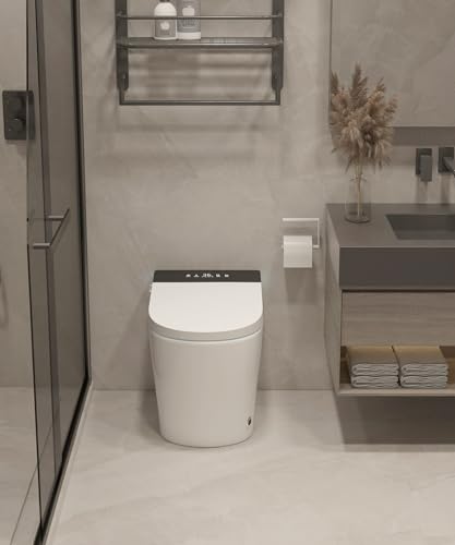 Inodoro inteligente compacto con asiento bidé integrado, diseño moderno sin tanque, apertura y descarga automáticas, asiento calefactado, secador de aire caliente instantáneo para baños pequeños, blanco con panel negro miniatura 4