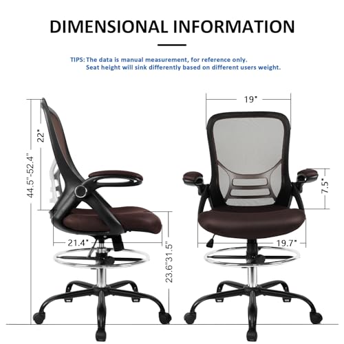 Image of HYLONE Drafting Chair, Tall Office Chair Standing Desk Chair Brown Mesh High-Back Drafting Stool with Flip-Up Arms, Adjustable Foot Ring, Brown