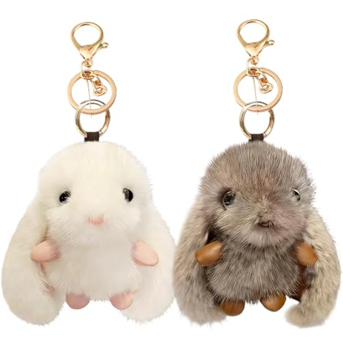 2 Pièces Porte-Clés de Lapin Moelleux,Lapin Peluche Pompon,Porte-clés Lapin Kawaii pour Pendentif de Sac à Main Clé de Voiture Accessoires Décoration...