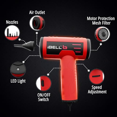 Image of iBELL AD20-10 High Efficiency Compressed Air Duster with 220W Brushless Motor,20000-105000 RPM,3M Cord,Lightweight,Portable Air Blower for PC Electronics Car Inflatables, Grille Protection.