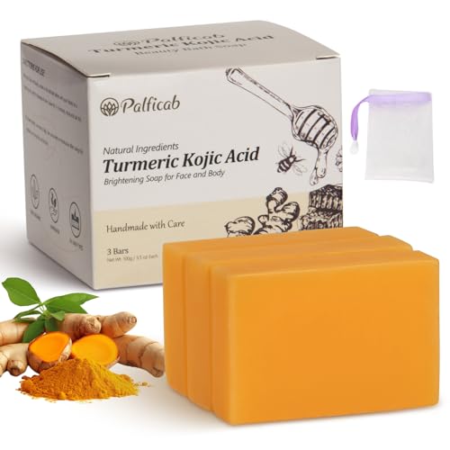 PALFICAB Kojic Acid Soap Dark Spot Remover Honey Glow Turmeric Soap for Hyperpigmentation with Kojic Acid Turmeric Shea Butter Coconut Oil Vitamin C Skin Brightening for Face & Body 3 Bars