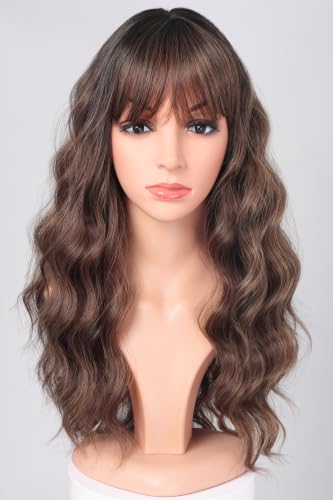 Ombre Brown Wavy Wigs With Bangs, Medium Long Synthetic Hair Replacement Wigs for Daily Use, 18 Inch