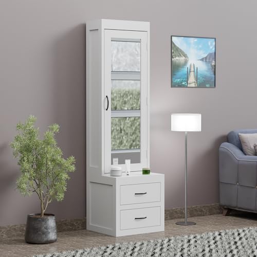 Image of Krishna Wood Decor Solid Sheesham Wood Mirror White Deco Paint Dressing Cabinet, Makeup Desk with Four Shelves & One Drawer with Cushioned Sitting Stool, Vanity Table for Living & Bed, Apparel Room