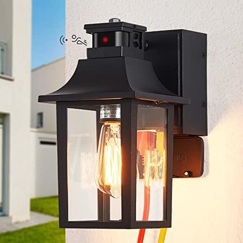 TITOSICHY Porch Light with GFCI Outlet,Dusk to Dawn Motion Sensor Outdoor Light,3 Light Modes Black Front Door Light,Waterproof Exterior Light Fixture,Outside Wall Lamp for House Patio Garage