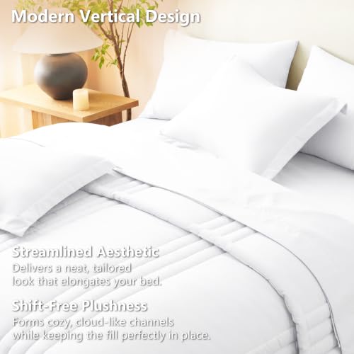 Image of CozyLux Full Size Comforter Sets White - 7 Pieces Bed in a Bag, Modern Vertical Quilted Room Decor, Soft All-Season Bedding Gift with Comforter, Sheets, Pillowcases & Shams