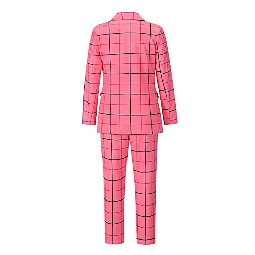 Modful Women's 2 Piece Plaid Suit Set Double-Breasted Lapel Blazer And Elastic Drawstring Pants (Rose Red,Medium) #TOP2