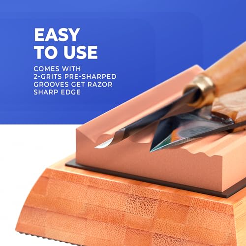 Sharp Pebble Sharpening Stones for Wood Carving Tools-Two Whetstones Grit 400 & 1000 Gouge Sharpener- Waterstone Sharpening System for Wood Carving Knives & Chisels with Non-Slip Bamboo Base