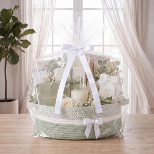 Image of Colingmill 1 Set Woven Basket for Gift Empty with Cellophane Wrap Set 14 x 10 x 5.5 Inch, Medium Decorative Gift Basket Empty to Fill, Cotton Rope Storage Box Decor (Sage Green White)