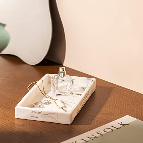 Navaris White Marble Resin Jewellery Tray - 23.5 cm x 12.5 cm Organiser Dish - Decorative Holder for Bathroom, Vanity, Dressing Table, Desk, Candle