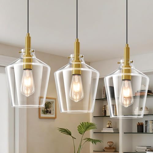 Image of Glass Pendant Lighting for Kitchen Island Entryway 3 Pack Gold Clear 8 Inch | Adjustable cord Dimmable, E26 bulbs, Rust-resistant Damp Rated For Bathrooms, 5-Year Manufacturer Warranty, UL Certification