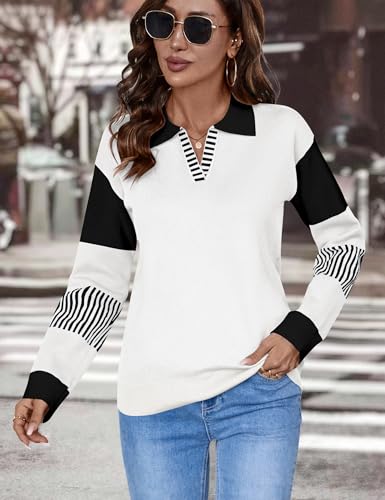 Lomon Women'S 2024 Fall Lapel Collar V Neck White Striped Sweater Long Sleeve Ribbed Knit Comfy Loose Casual Pullover thumb #1