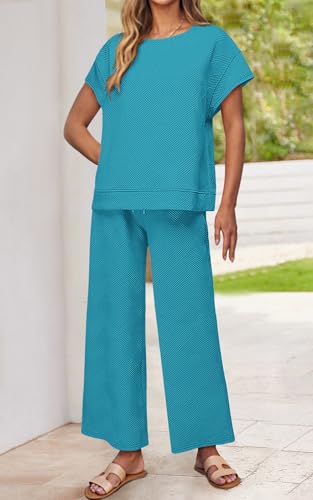 Image of PRETTYGARDEN 2 Piece Outfits For Women Casual Tracksuit Short Sleeve Tops And Wide Leg Long Pants Matching Lounge Sets