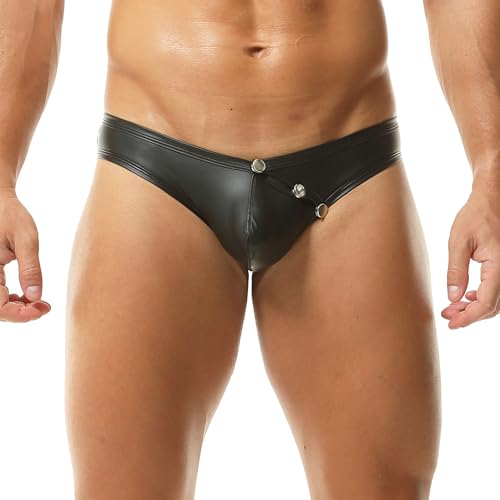 QiaTi Men's Faux Leather Briefs Black Underwear with Snap Button Rave Thong Swimsuit for Men