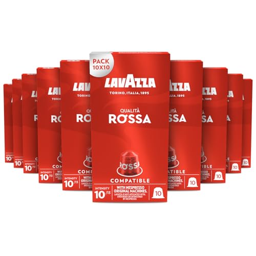 Lavazza, Qualità Rossa, 100 Capsule di Caffè in Alluminio Compatibili con Macchine Nespresso Original, con Note di Cioccolato e Frutta Secca, Arabica e Robusta, Intensità 10/13, Tostatura Media